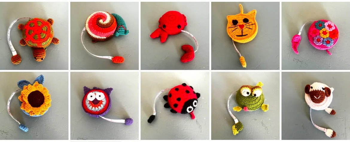 "Animal House" Tape Measures, hand crocheted by displaced persons