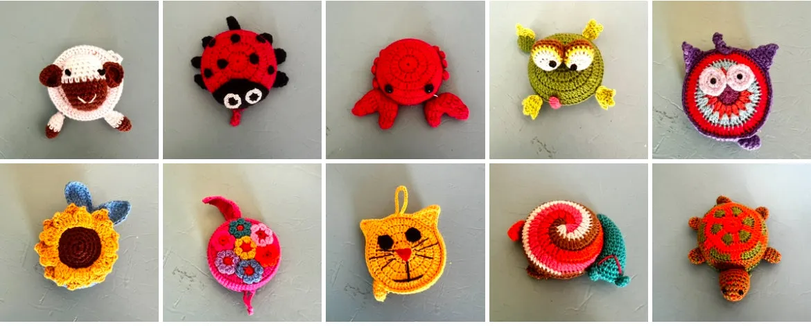 "Animal House" Tape Measures, hand crocheted by displaced persons