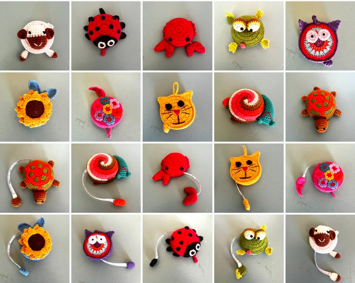 "Animal House" Tape Measures, hand crocheted by displaced persons