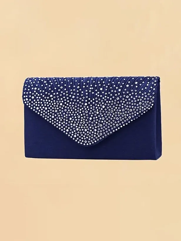 Rhinestone Satin Evening Clutch in Navy Blue