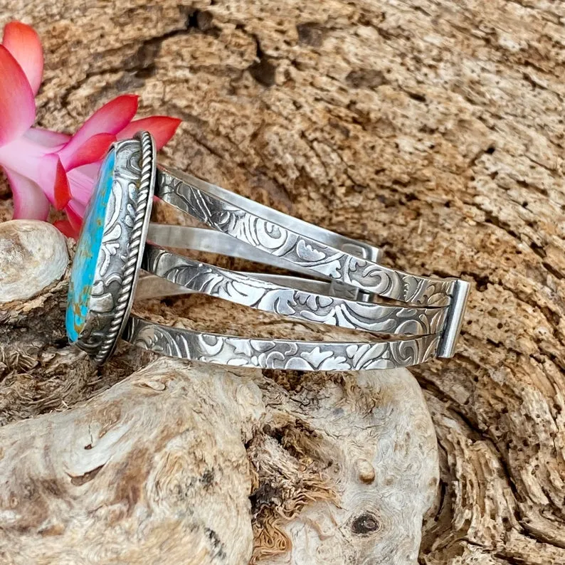 Rustic Boho Floral Kingman triple cuff in Sterling Silver bracelet