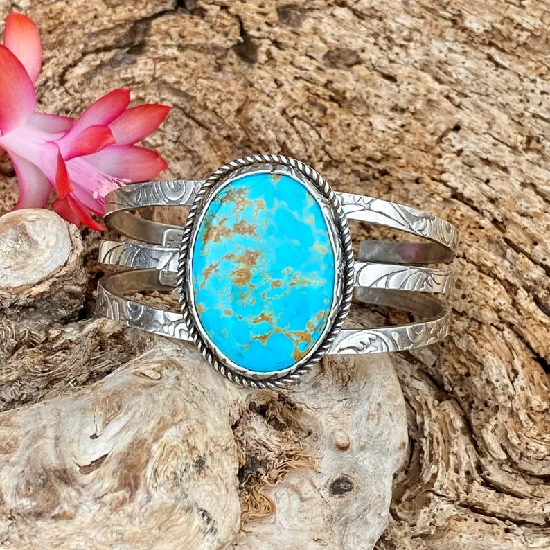 Rustic Boho Floral Kingman triple cuff in Sterling Silver bracelet