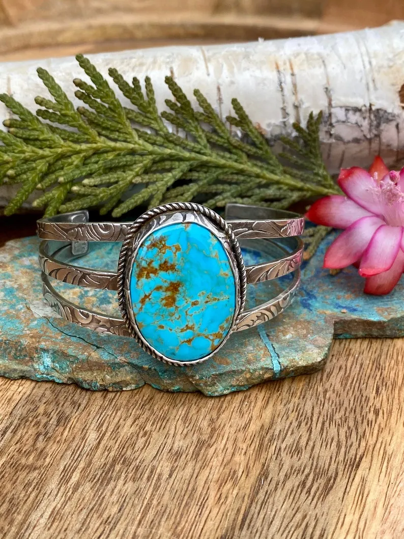 Rustic Boho Floral Kingman triple cuff in Sterling Silver bracelet