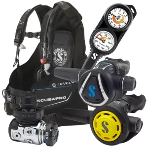 Scubapro MK17 EVO DIN/Compact Twin Console Stage 4 Regulator Set and Scubapro Level BCD Dive Package