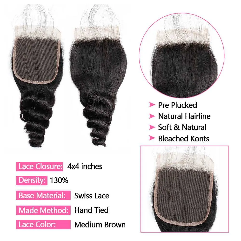 Sdamey 4x4 Lace Closure Brazilian Loose Wave Human Hair Closure Lace Hair Extensions