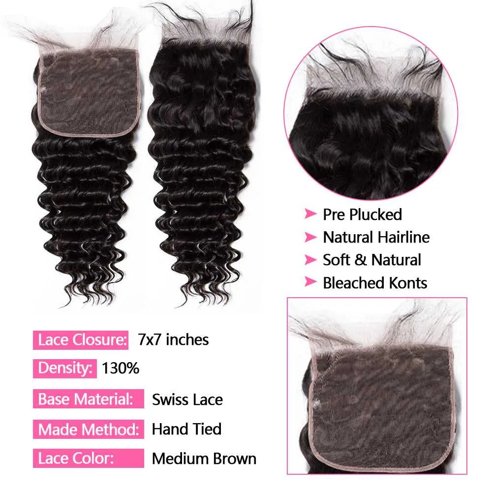 Sdamey Brazilian Deep Wave Human Hair 7X7 Lace Closure