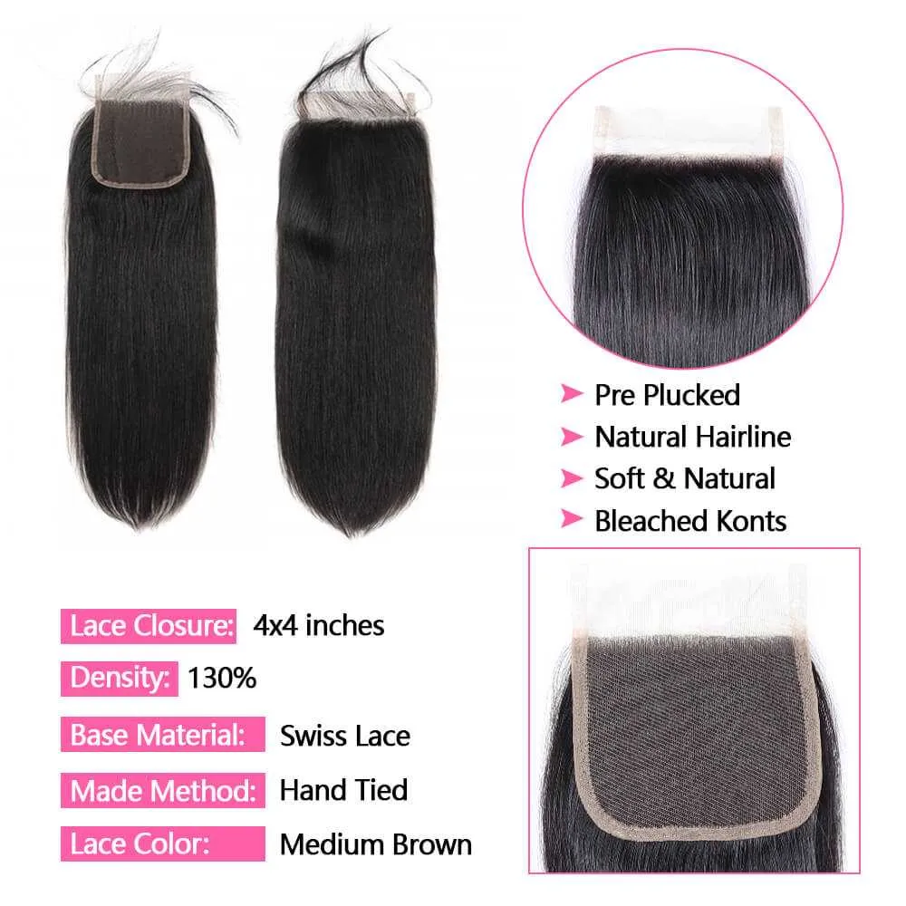 Sdamey Brazilian Strtaight Virgin Human Hair 4x4 Lace Closure