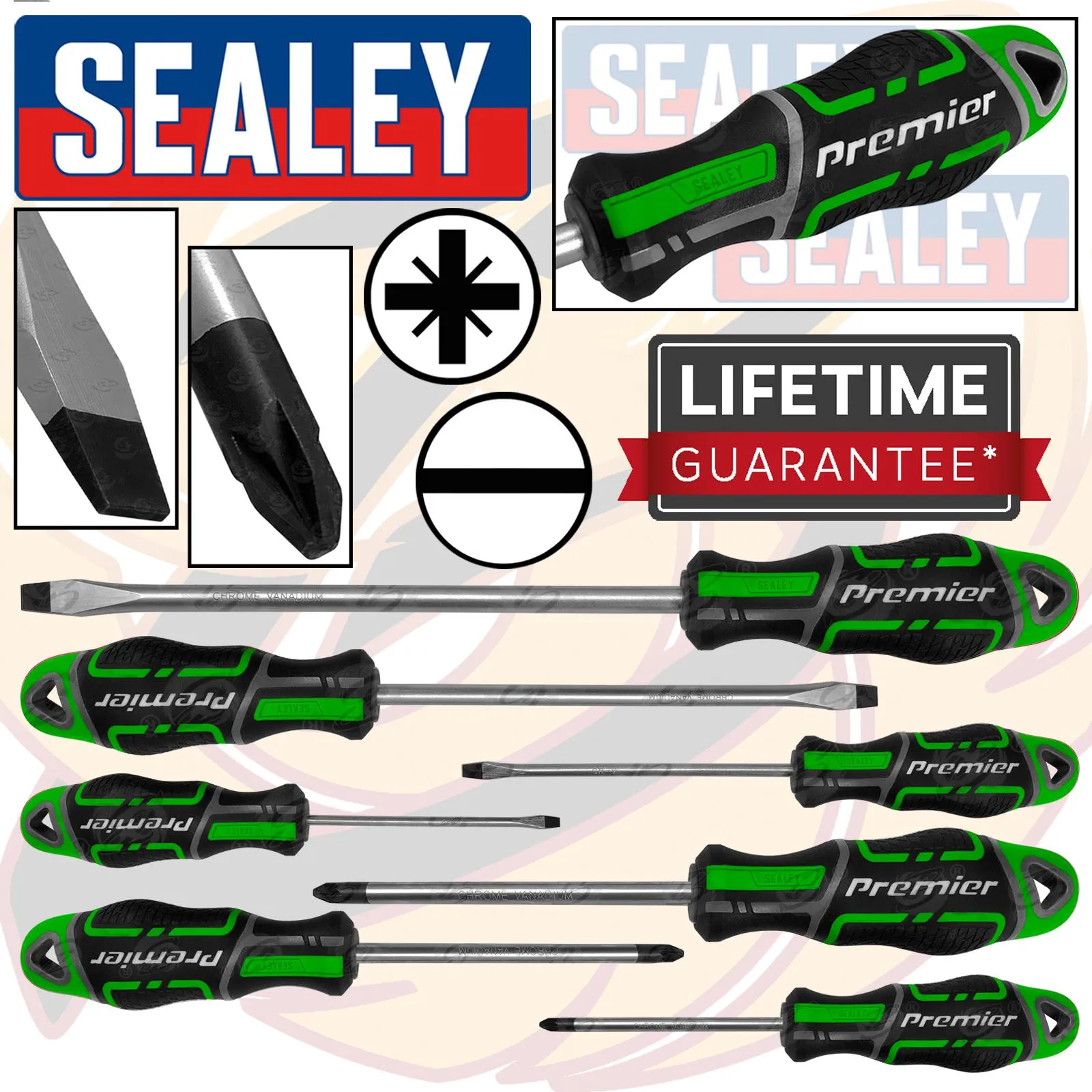 SEALEY 7PCS MAGNETIC SCREWDRIVERS ( SLOTTED - POZIDRIVE ) ( GREEN )