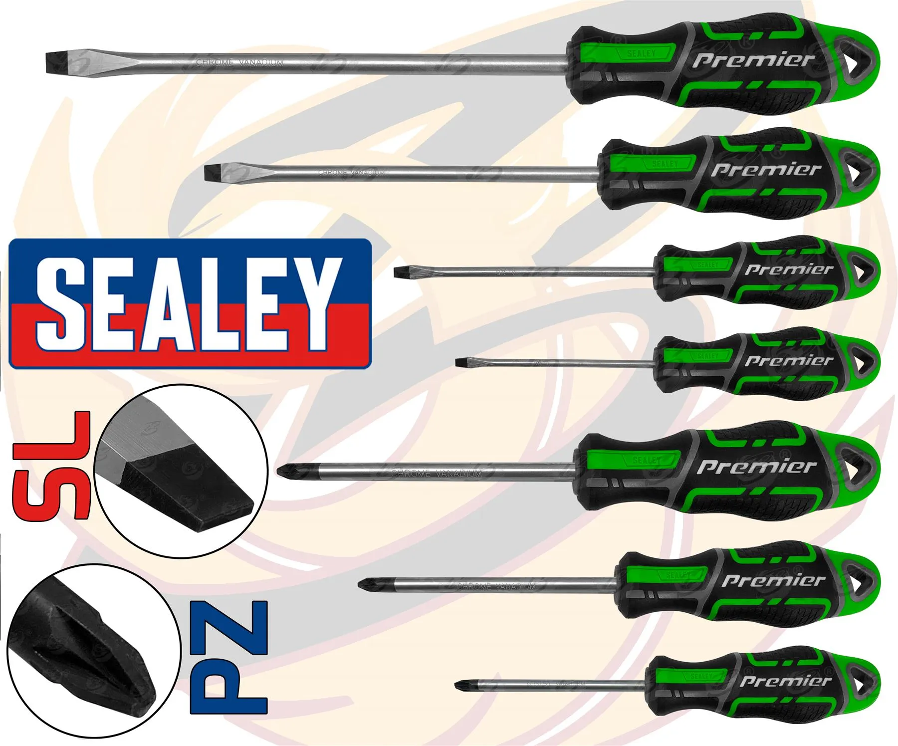 SEALEY 7PCS MAGNETIC SCREWDRIVERS ( SLOTTED - POZIDRIVE ) ( GREEN )