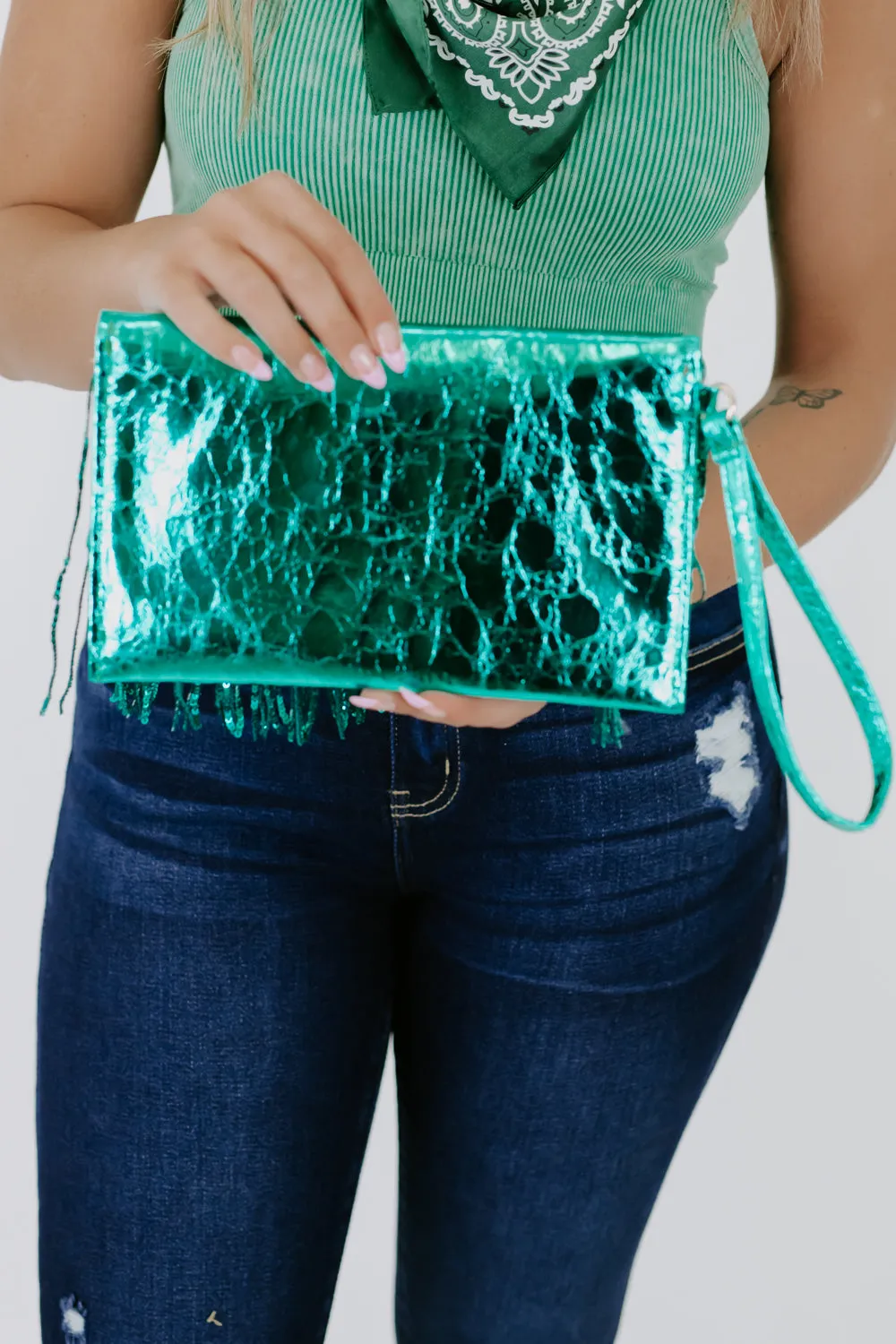 Shake It Tassel Clutch, Green