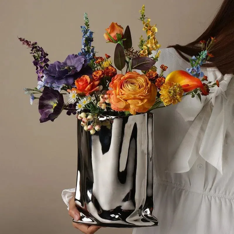 Silver Shopping Bag Shaped Flower Vase