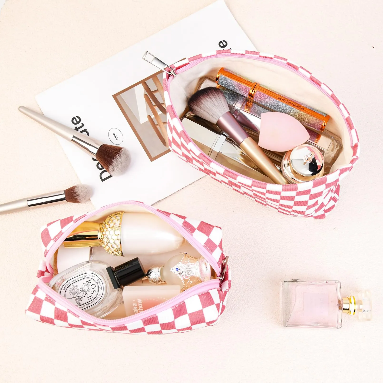 SOIDRAM 2 Pcs Checkered Makeup Bag Large Cosmetic Bag Toiletry Bag Makeup Pouch Travel Bag Organizer Cute Makeup Brushes Aesthetic Accessories Storage Bag for Women Peach Pink