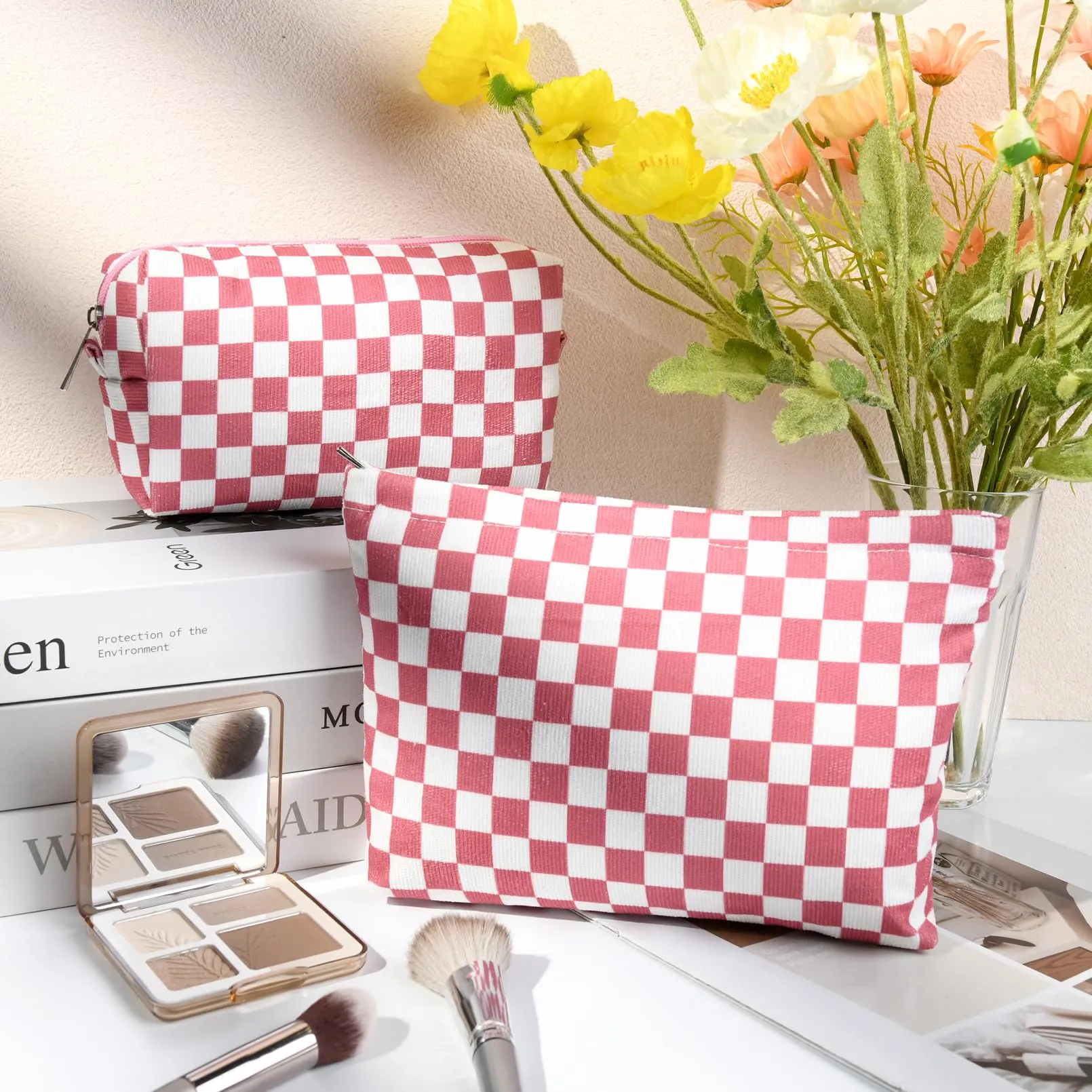 SOIDRAM 2 Pcs Checkered Makeup Bag Large Cosmetic Bag Toiletry Bag Makeup Pouch Travel Bag Organizer Cute Makeup Brushes Aesthetic Accessories Storage Bag for Women Peach Pink