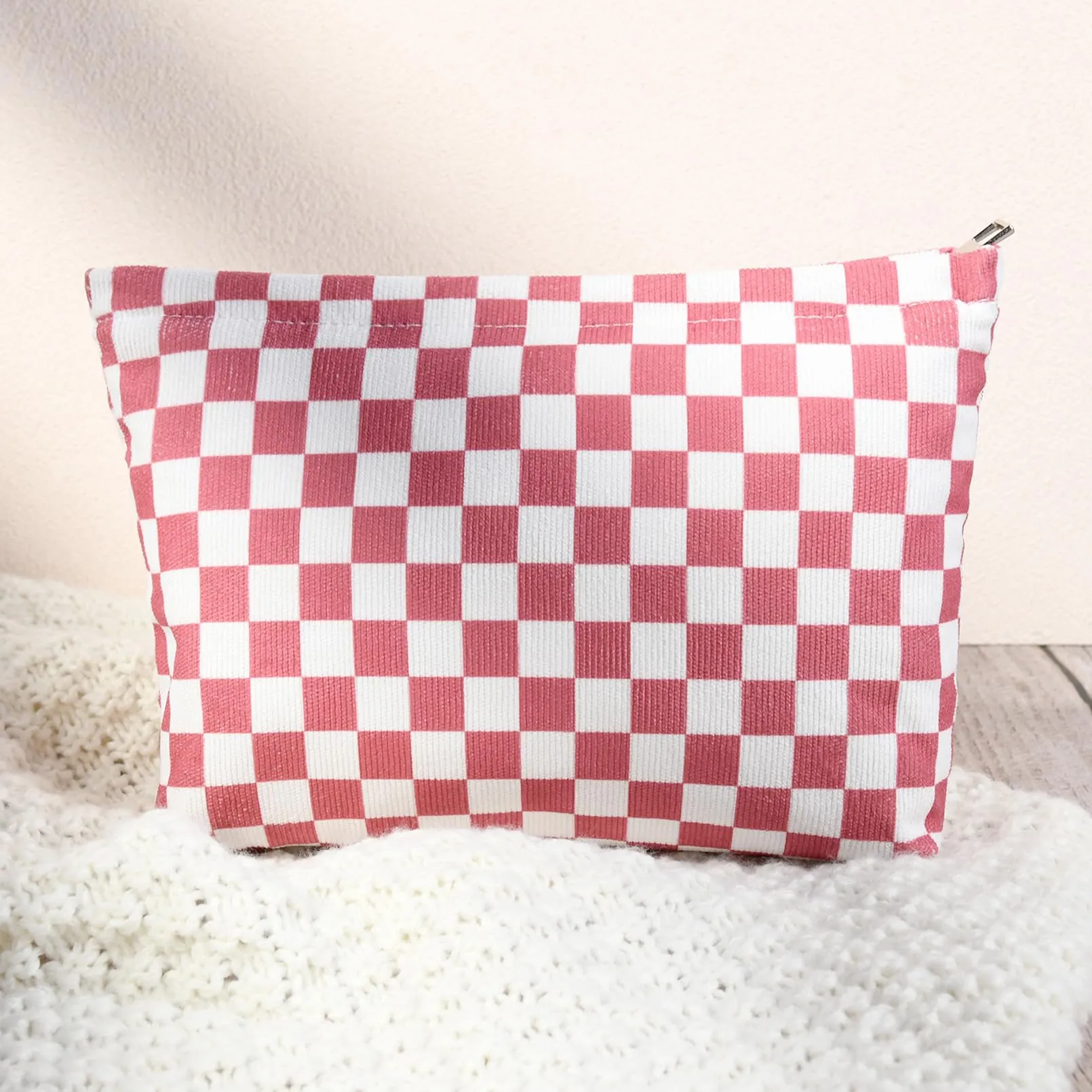 SOIDRAM 2 Pcs Checkered Makeup Bag Large Cosmetic Bag Toiletry Bag Makeup Pouch Travel Bag Organizer Cute Makeup Brushes Aesthetic Accessories Storage Bag for Women Peach Pink