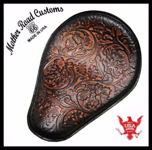 Spring Seat Chopper Bobber Harley Sportster Honda 11x14 AntBrn Oak Leaf Leather
