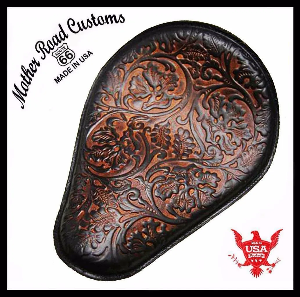 Spring Seat Chopper Bobber Harley Sportster Honda 11x14 AntBrn Oak Leaf Leather