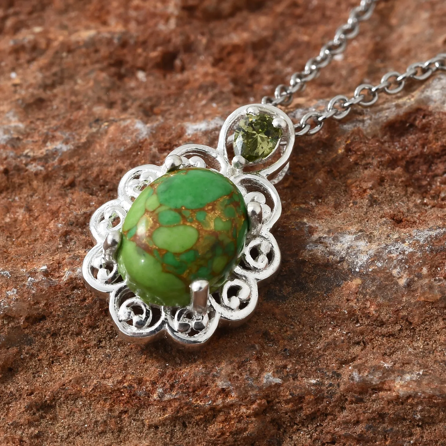 Sterling Silver Green Turquoise & CZ Pendant with 20" Chain with Magnetic Clasp