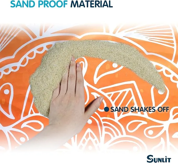 Sunlit Silky Soft 106"x81" Boho Sand Proof Beach Blanket Sand Proof Mat with Corner Pockets and Mesh Bag for Beach Party, Travel, Camping and Outdoor Music Festival, Light Orange and Sky Blue Mandala