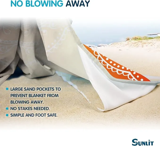 Sunlit Silky Soft 106"x81" Boho Sand Proof Beach Blanket Sand Proof Mat with Corner Pockets and Mesh Bag for Beach Party, Travel, Camping and Outdoor Music Festival, Light Orange and Sky Blue Mandala