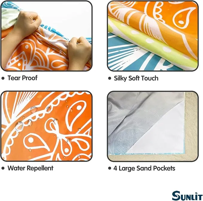 Sunlit Silky Soft 106"x81" Boho Sand Proof Beach Blanket Sand Proof Mat with Corner Pockets and Mesh Bag for Beach Party, Travel, Camping and Outdoor Music Festival, Light Orange and Sky Blue Mandala