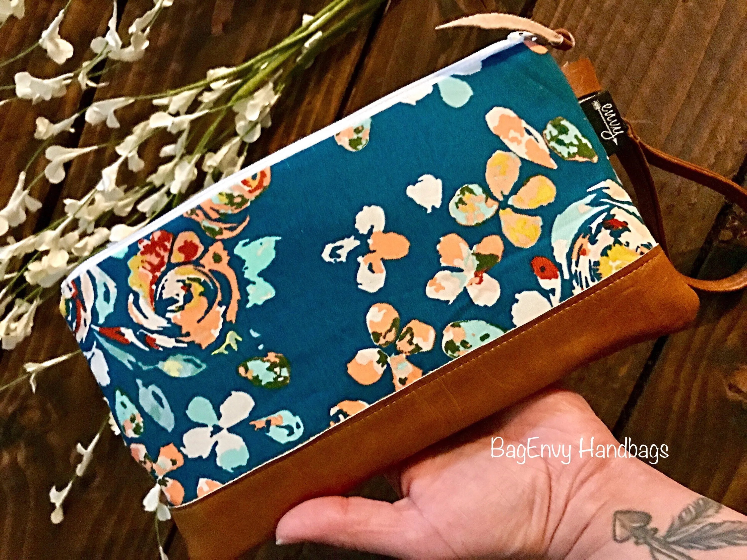 Teal Boho Floral with Vegan Leather - Zippered Wristlet Clutch /  Bridesmaid Gift- Accessory Make Up Bag -