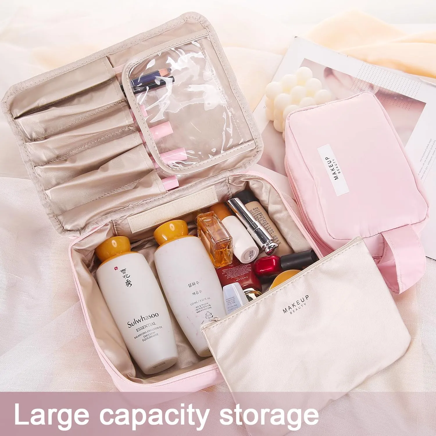 Travel Makeup Bag Cosmetic Bag Makeup Bag Toiletry bag for women and men (Pink-3pcs)