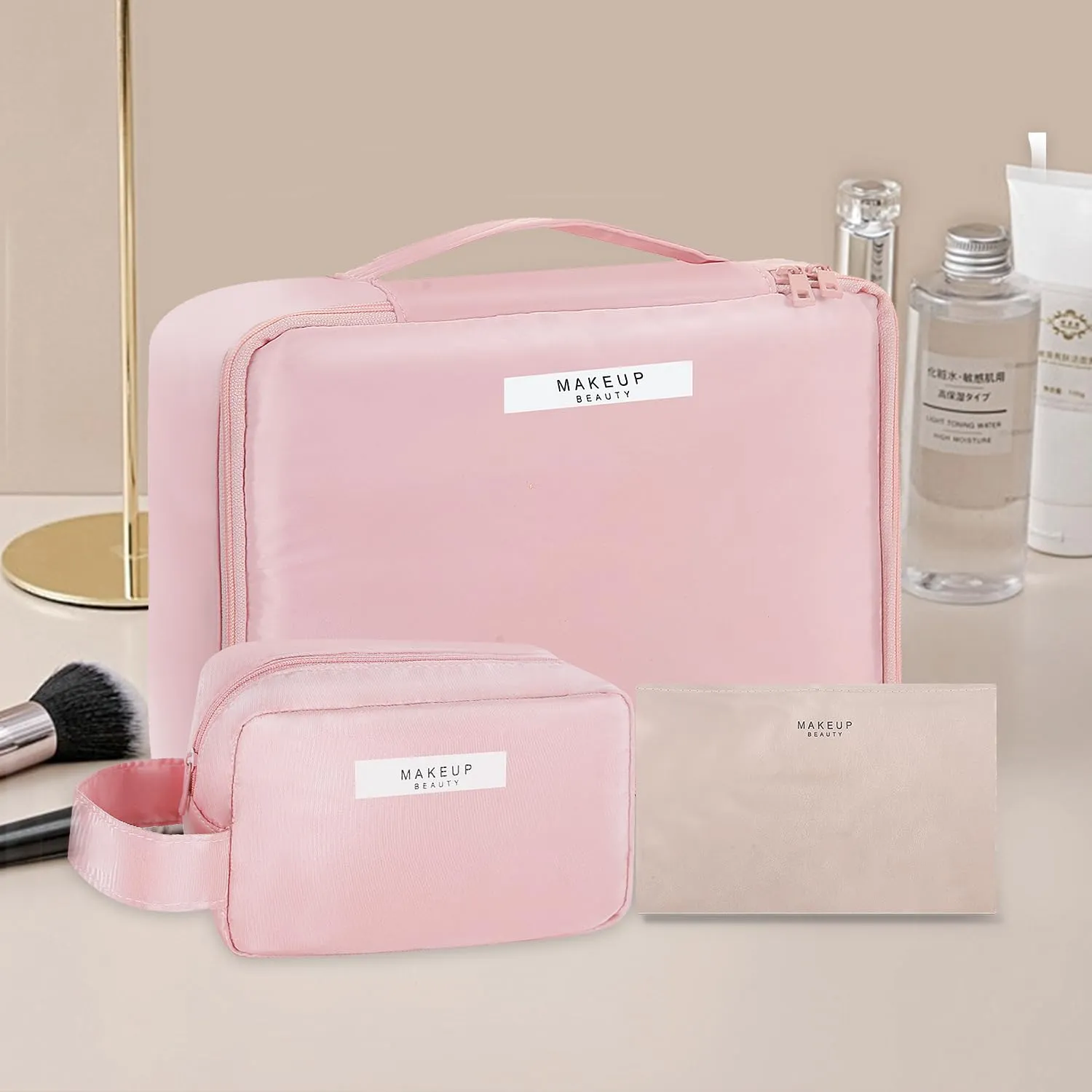 Travel Makeup Bag Cosmetic Bag Makeup Bag Toiletry bag for women and men (Pink-3pcs)
