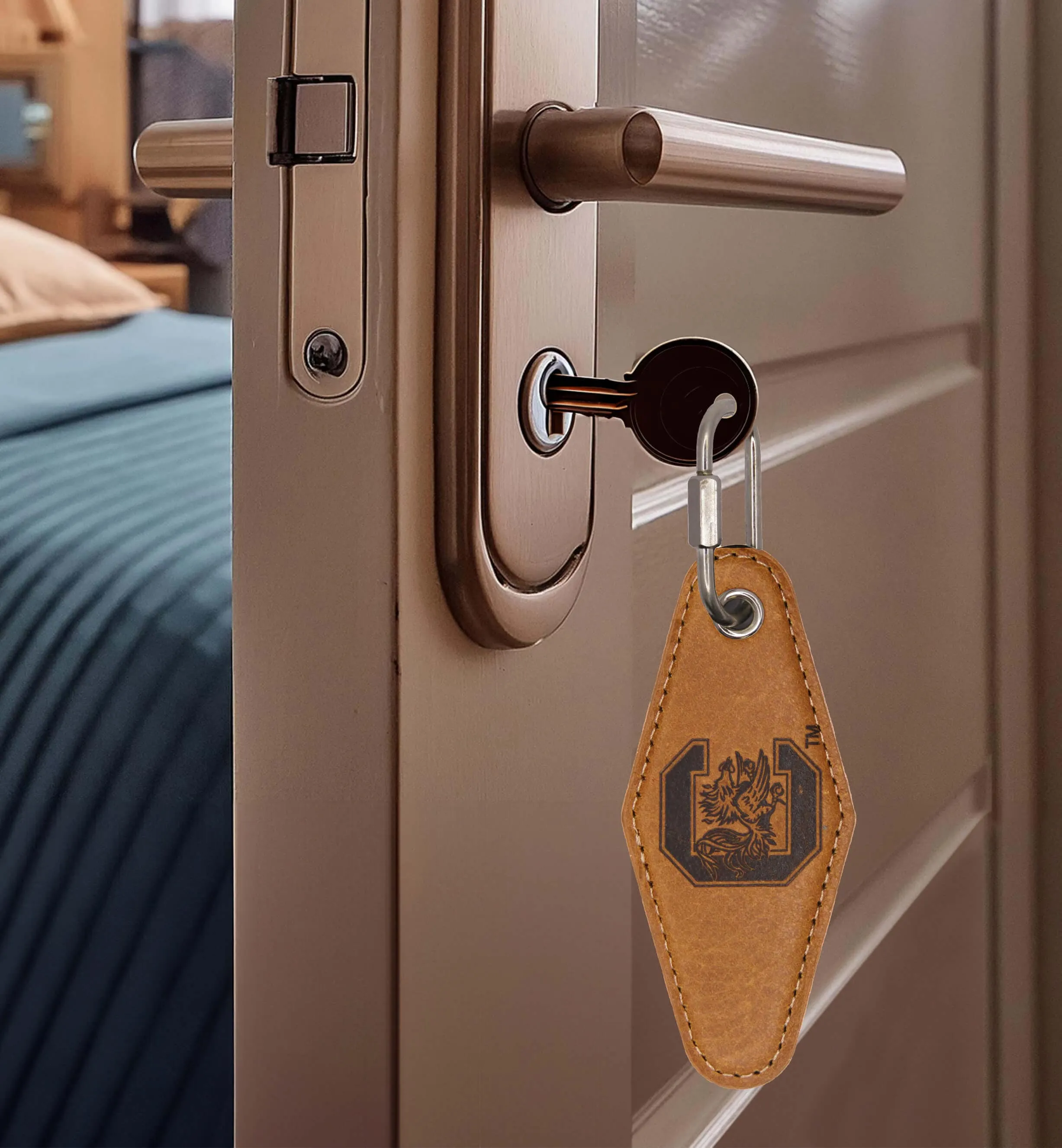 USC Gamecocks Collegiate Vintage Full Grain Leather Key Fob. Brown Burnished and Tan Embossed Key Ring.