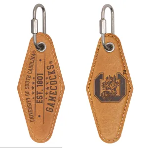 USC Gamecocks Collegiate Vintage Full Grain Leather Key Fob. Brown Burnished and Tan Embossed Key Ring.