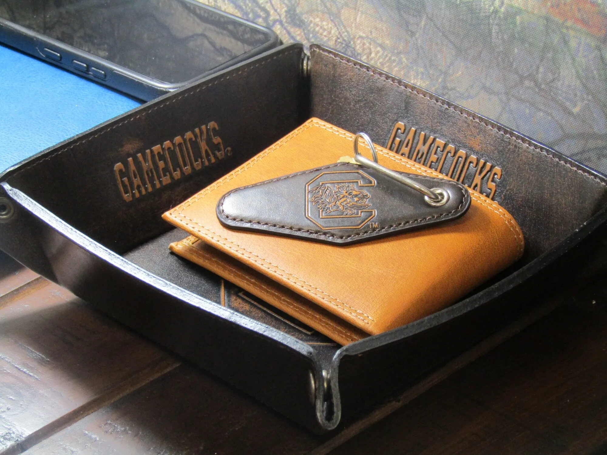 USC Gamecocks Collegiate Vintage Full Grain Leather Key Fob. Brown Burnished and Tan Embossed Key Ring.