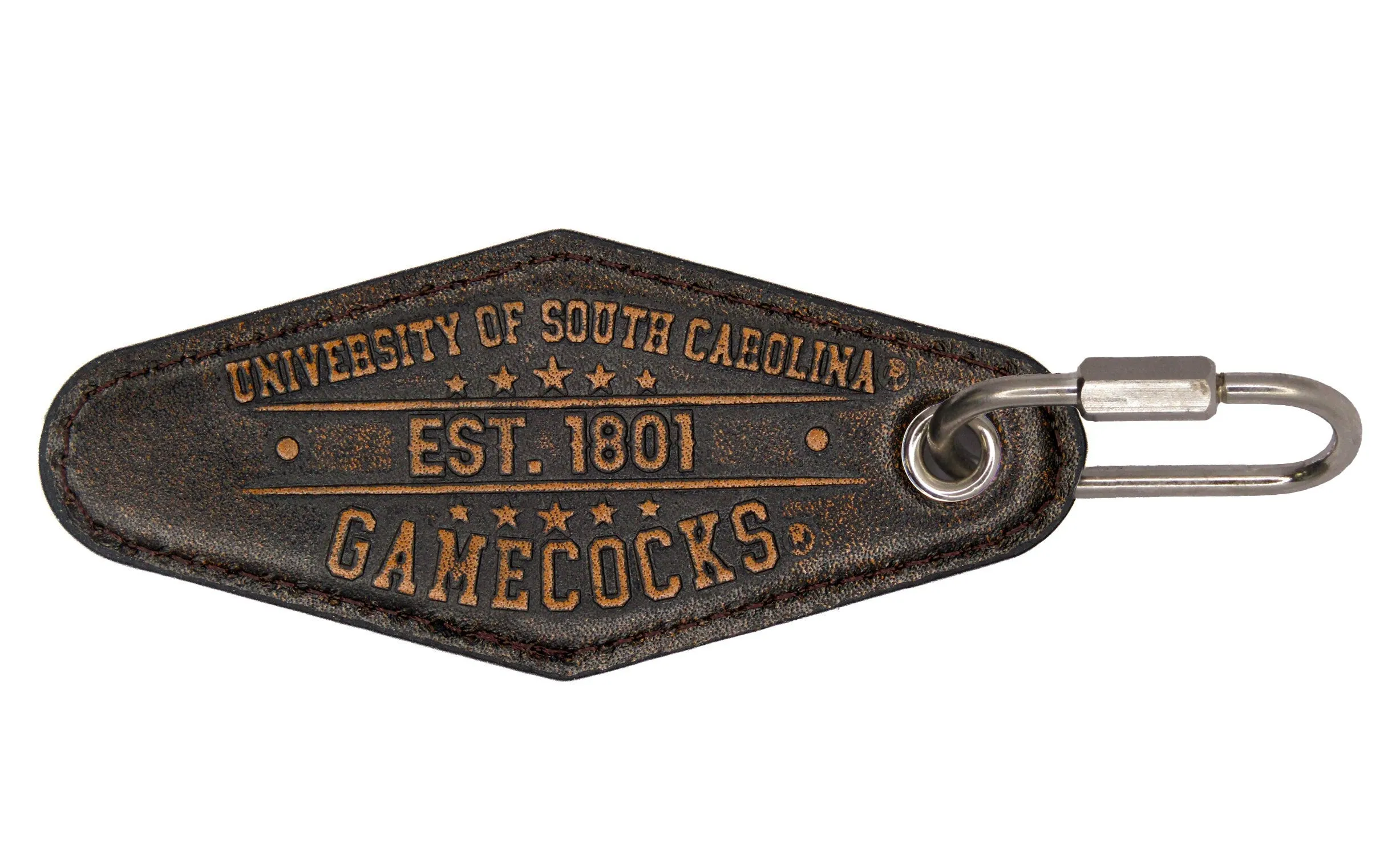 USC Gamecocks Collegiate Vintage Full Grain Leather Key Fob. Brown Burnished and Tan Embossed Key Ring.
