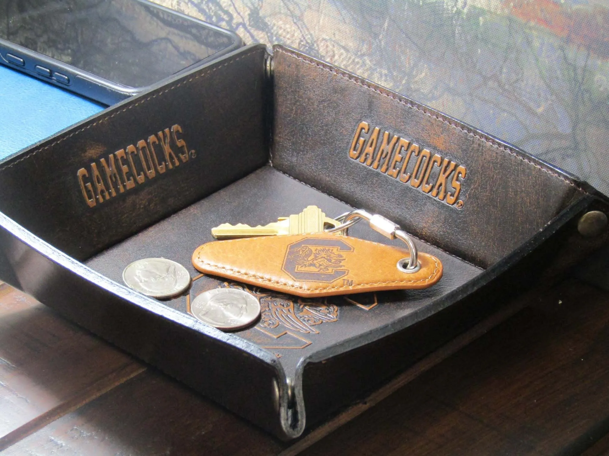 USC Gamecocks Collegiate Vintage Full Grain Leather Key Fob. Brown Burnished and Tan Embossed Key Ring.