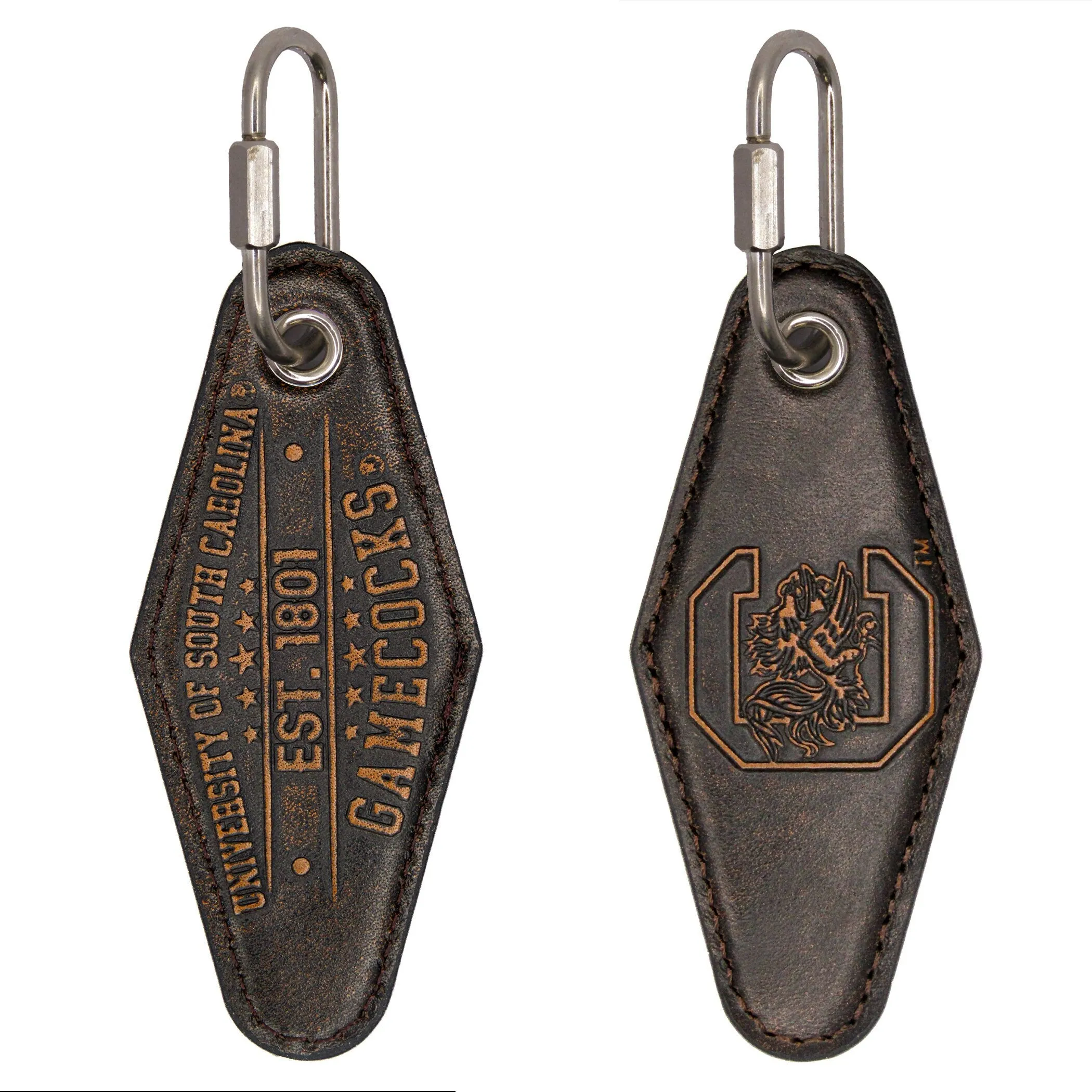 USC Gamecocks Collegiate Vintage Full Grain Leather Key Fob. Brown Burnished and Tan Embossed Key Ring.