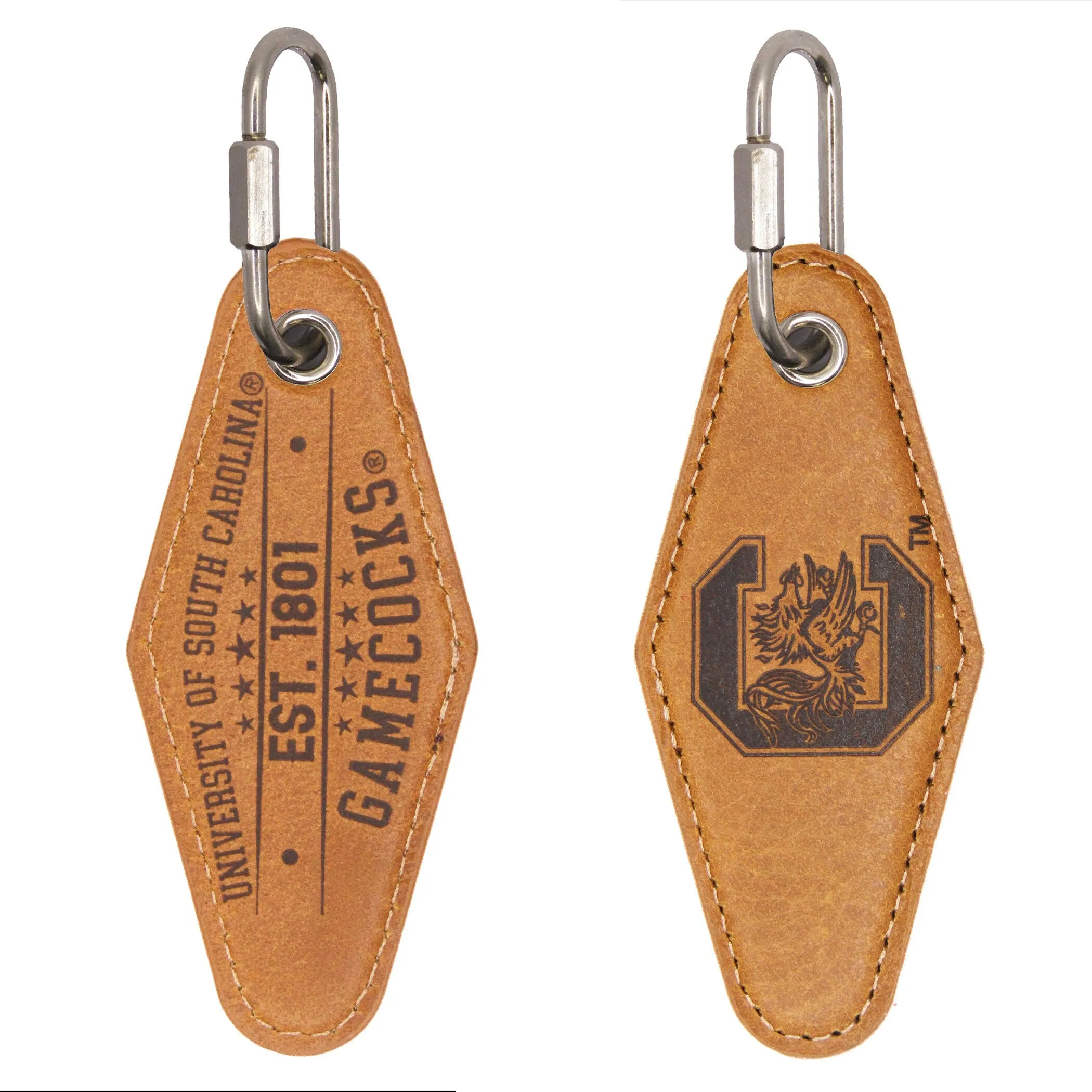 USC Gamecocks Collegiate Vintage Full Grain Leather Key Fob. Brown Burnished and Tan Embossed Key Ring.