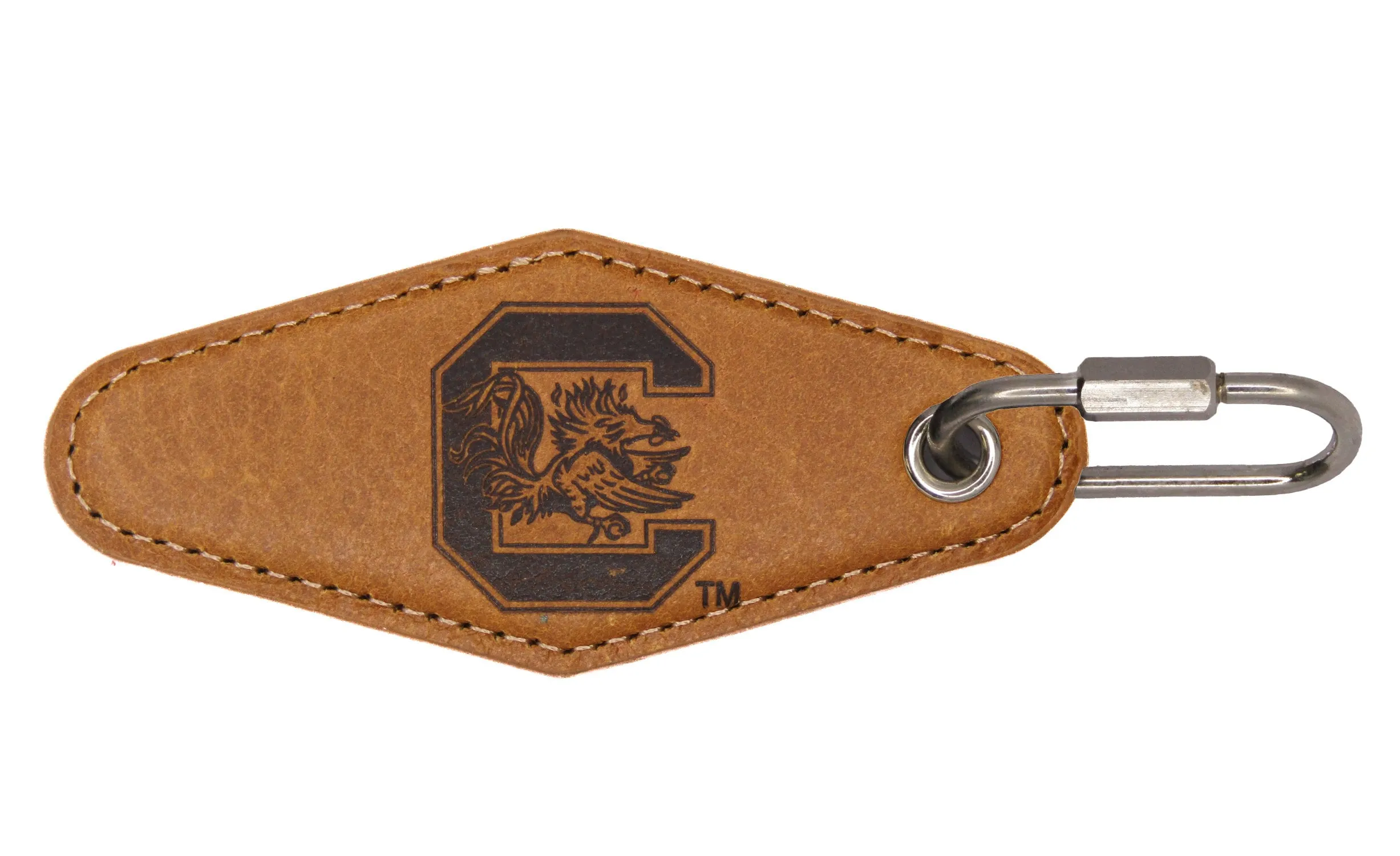 USC Gamecocks Collegiate Vintage Full Grain Leather Key Fob. Brown Burnished and Tan Embossed Key Ring.