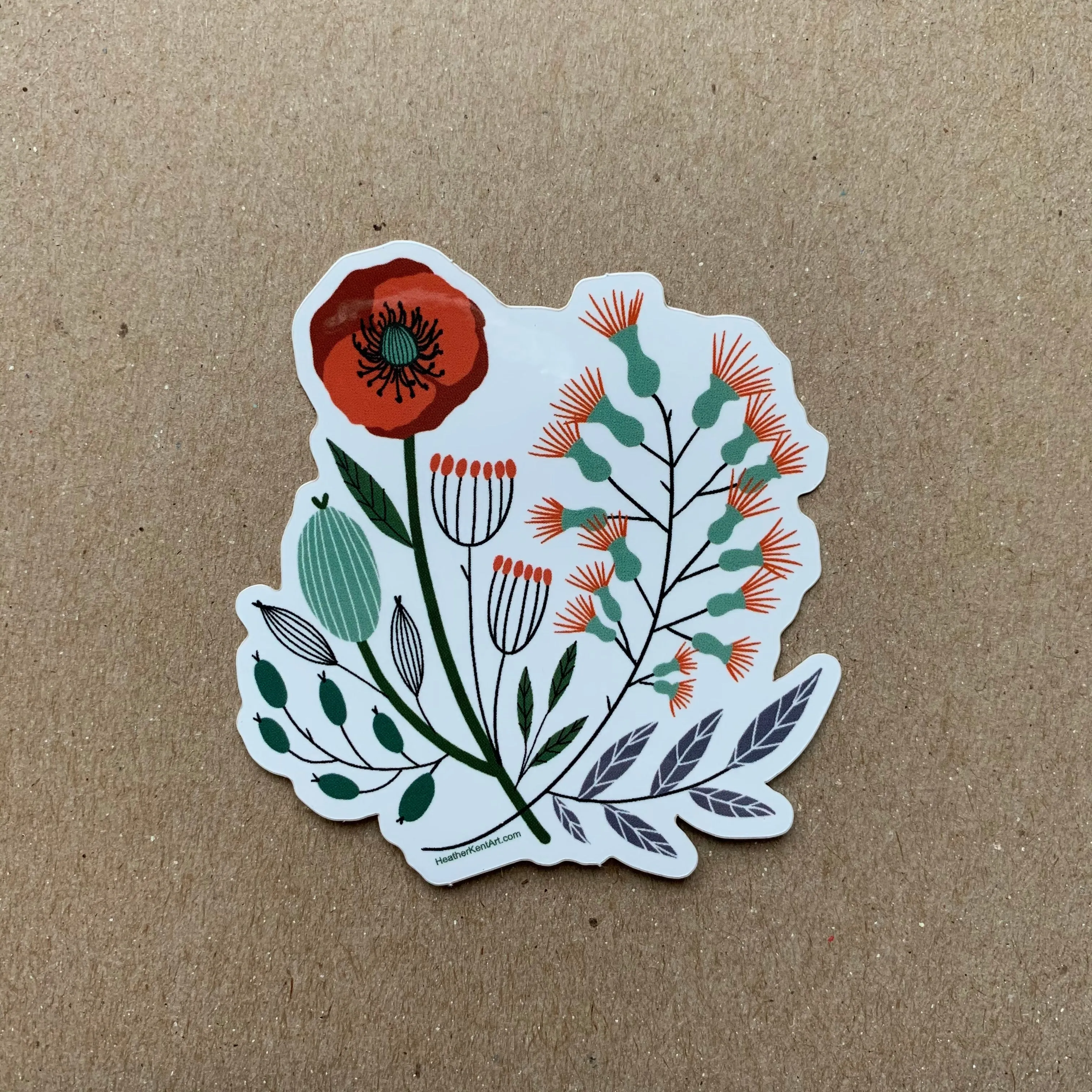 Vintage Florals, Red Poppy, Vinyl Sticker, 3 inch, FREE SHIPPING