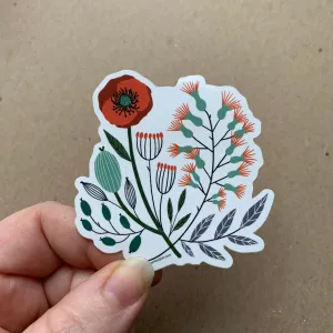 Vintage Florals, Red Poppy, Vinyl Sticker, 3 inch, FREE SHIPPING