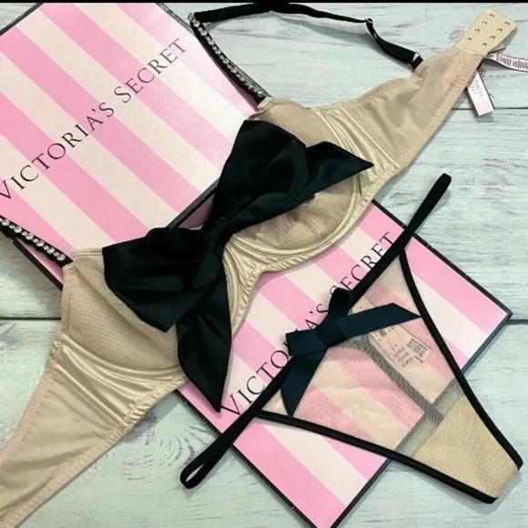 V.S.-2pc Shine Strap Unlined Sheer-Mesh Bow Balconette Bra &amp; Bow Thong Set-36D-L
