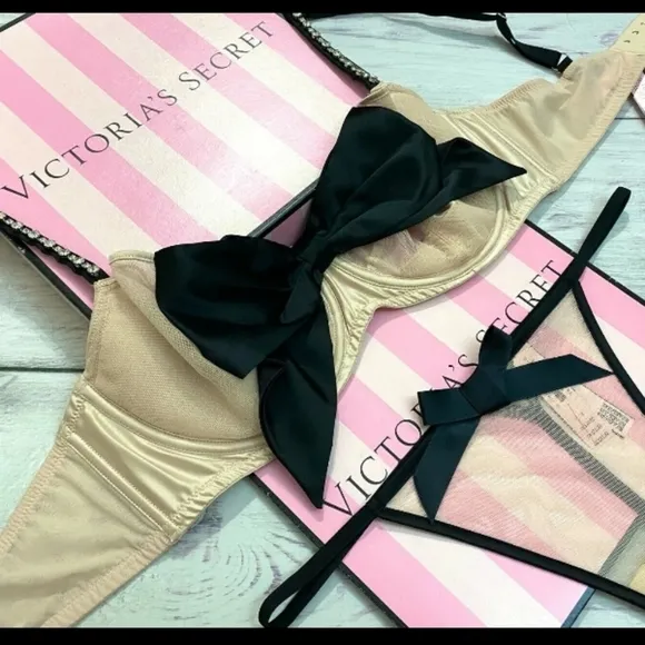 V.S.-2pc Shine Strap Unlined Sheer-Mesh Bow Balconette Bra &amp; Bow Thong Set-36D-L