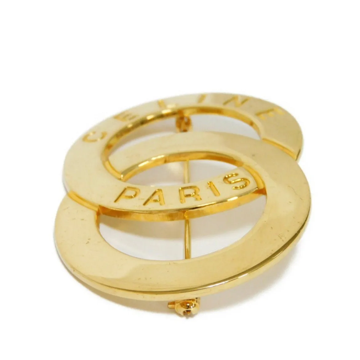 W5 Vintage Celine golden brooch in double circle, round motif with embossed logo. Great vintage gift. Can be a scarf pin. 050929ya1