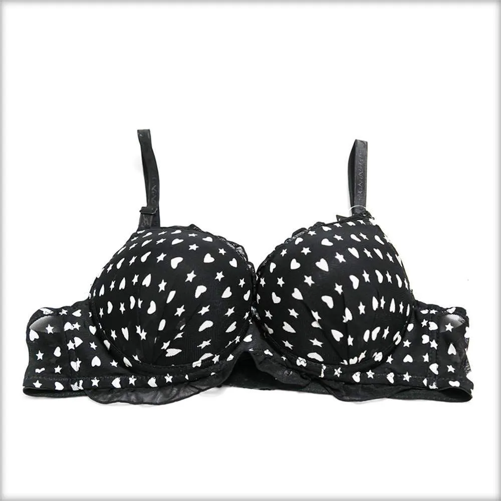 White Heart Double Padded Black Bra