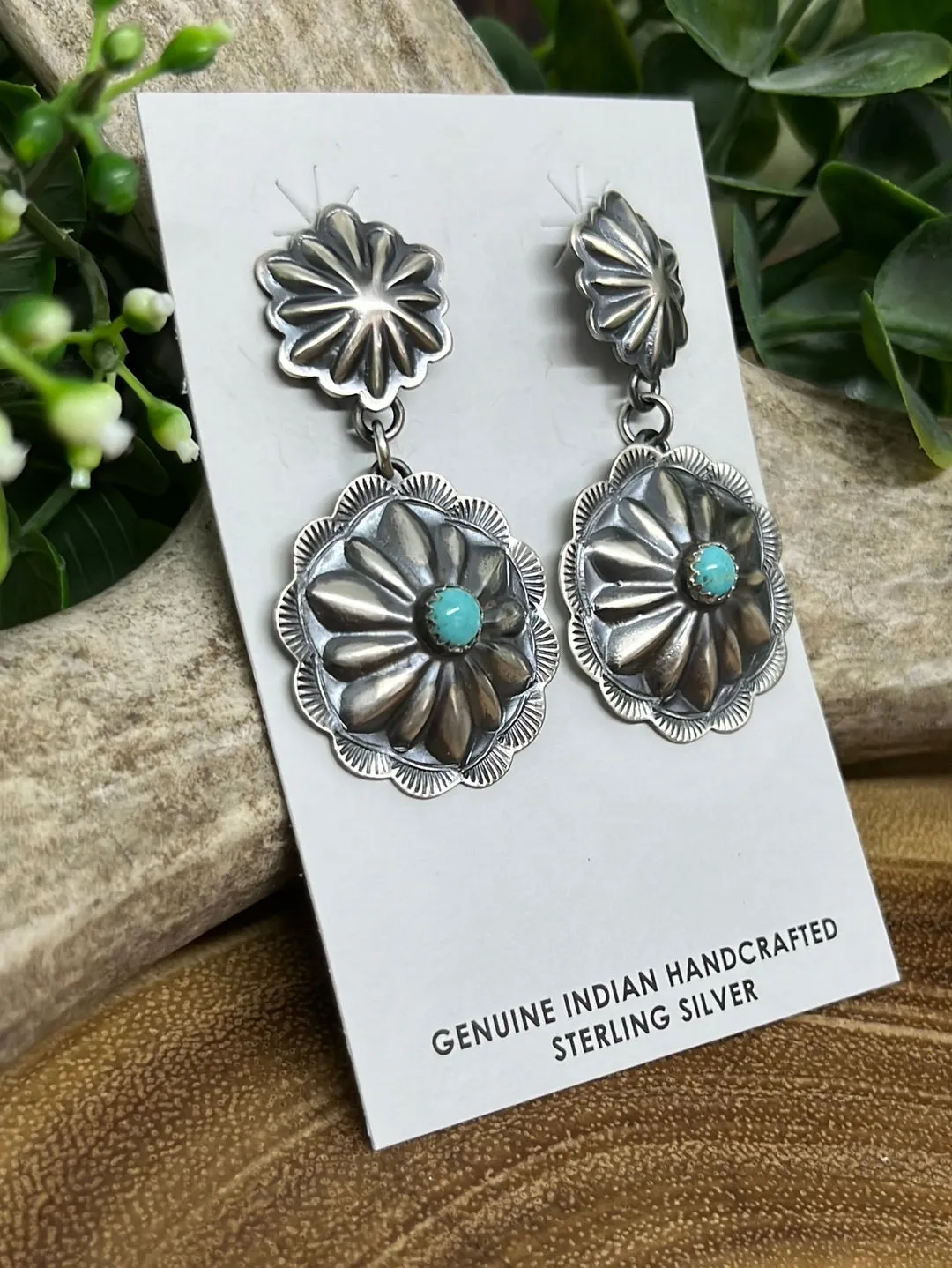 Zavalla Sterling Double Round Concho Post Earrings - Turquoise